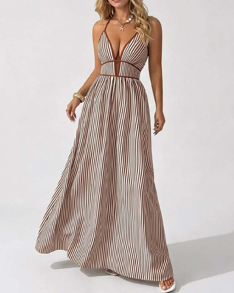 Gestreiftes Damen Maxikleid in langer Passform mit V-Ausschnitt, Frontalansicht