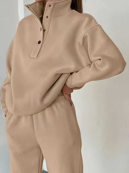 Zweiteiliges Sweatshirt-Set mit Stehkragen und Knopfleiste für Damen