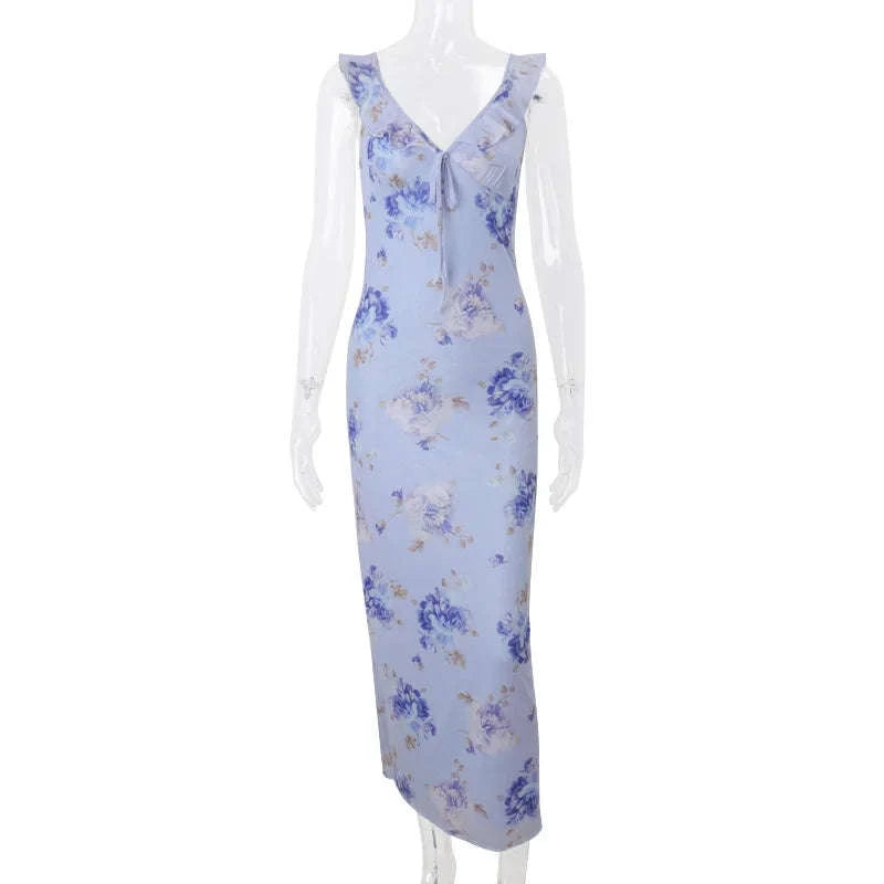 Florales Maxikleid mit tiefem V-Ausschnitt und offenem Rücken Sommerkleid