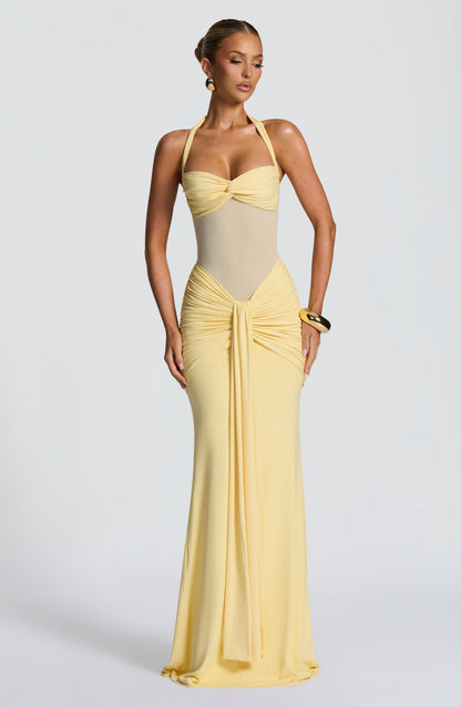 Ärmelloses gerafftes Jersey-Mesh-Maxikleid