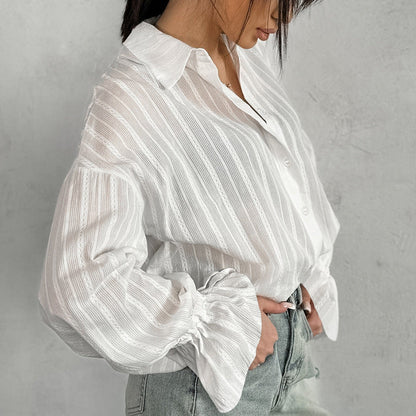 Gestreifte Bluse mit bindbaren Manschetten für Damen