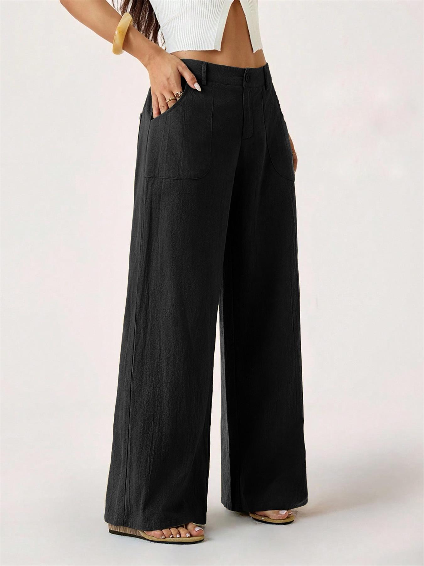 Hose mit weitem Bein aus Baumwoll-Leinen-Mischung, hohe Taille