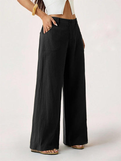 Hose mit weitem Bein aus Baumwoll-Leinen-Mischung, hohe Taille
