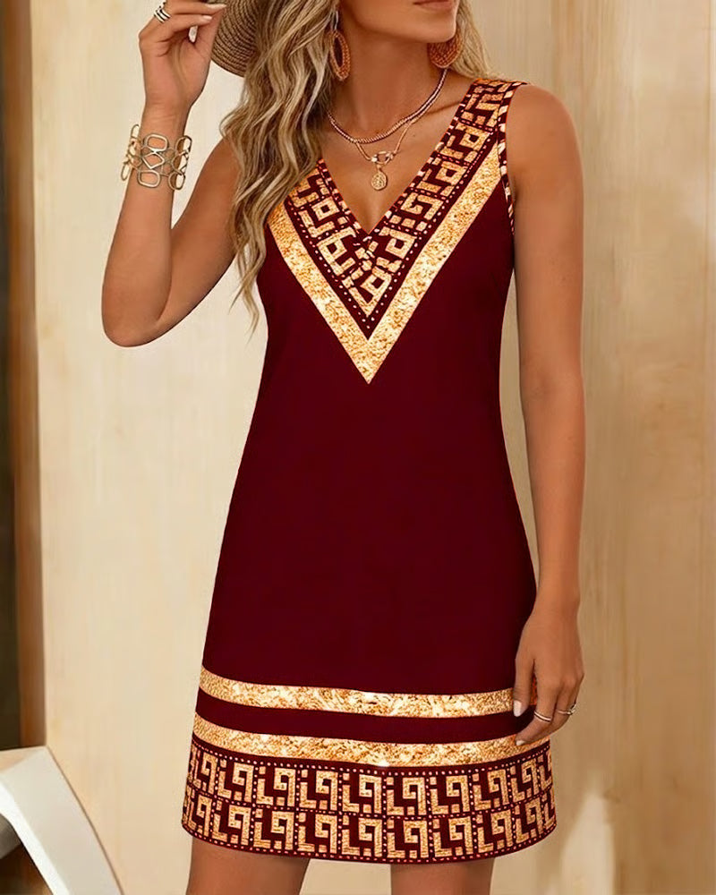 Ärmelloses Mini-Kleid mit V-Ausschnitt und bedrucktem Rand
