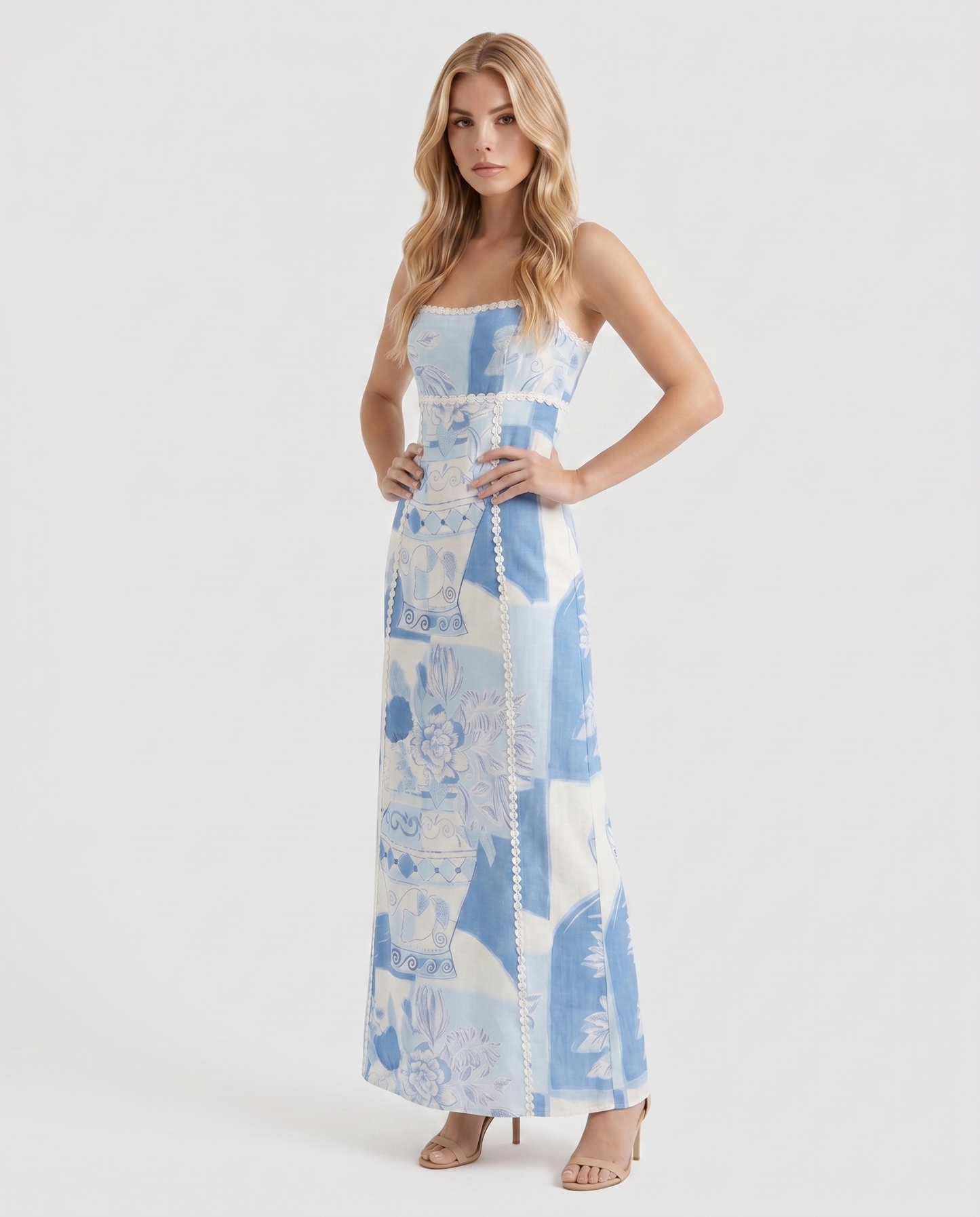 Ärmelloses Trägerloses Maxikleid mit mediterranem Muster Blau Damen