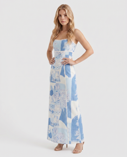 Ärmelloses Trägerloses Maxikleid mit mediterranem Muster Blau Damen