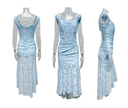 Blaues Bell Kleid mit Blumenmuster Maxi