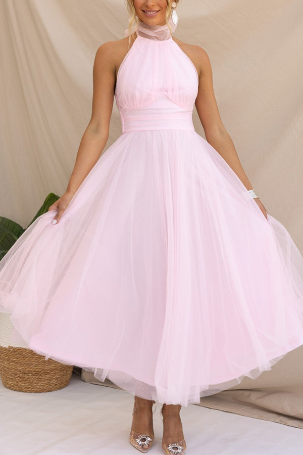 Maxikleid mit gerafftem Tüll-Halfterdetail
