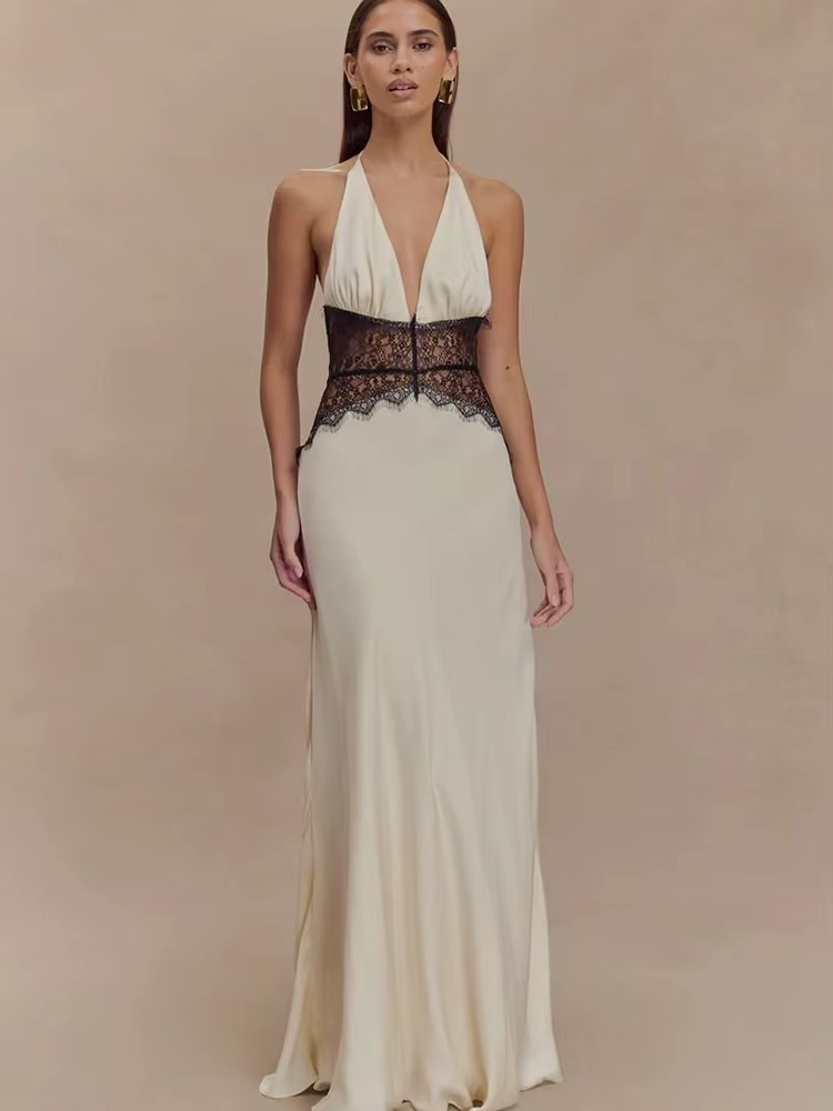 Maxikleid mit Neckholder, Spitzen-Detail, Rückenfrei, Ärmellos, festliches Kleid