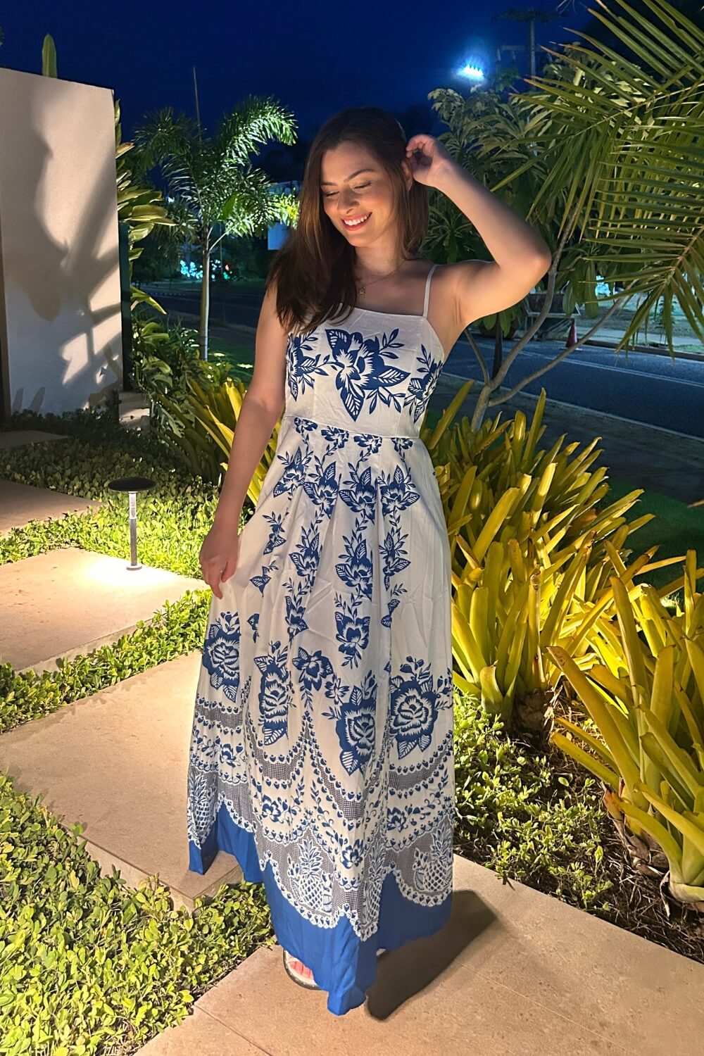 Polyester Spaghettiträger Midikleid Blau