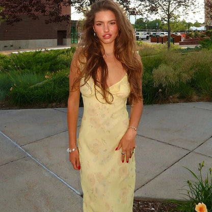 Florales Maxikleid mit tiefem V-Ausschnitt und offenem Rücken Sommerkleid