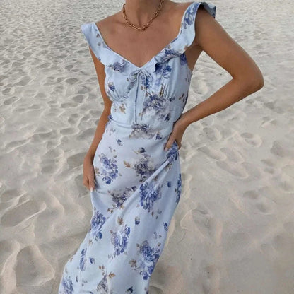 Florales Maxikleid mit tiefem V-Ausschnitt und offenem Rücken Sommerkleid