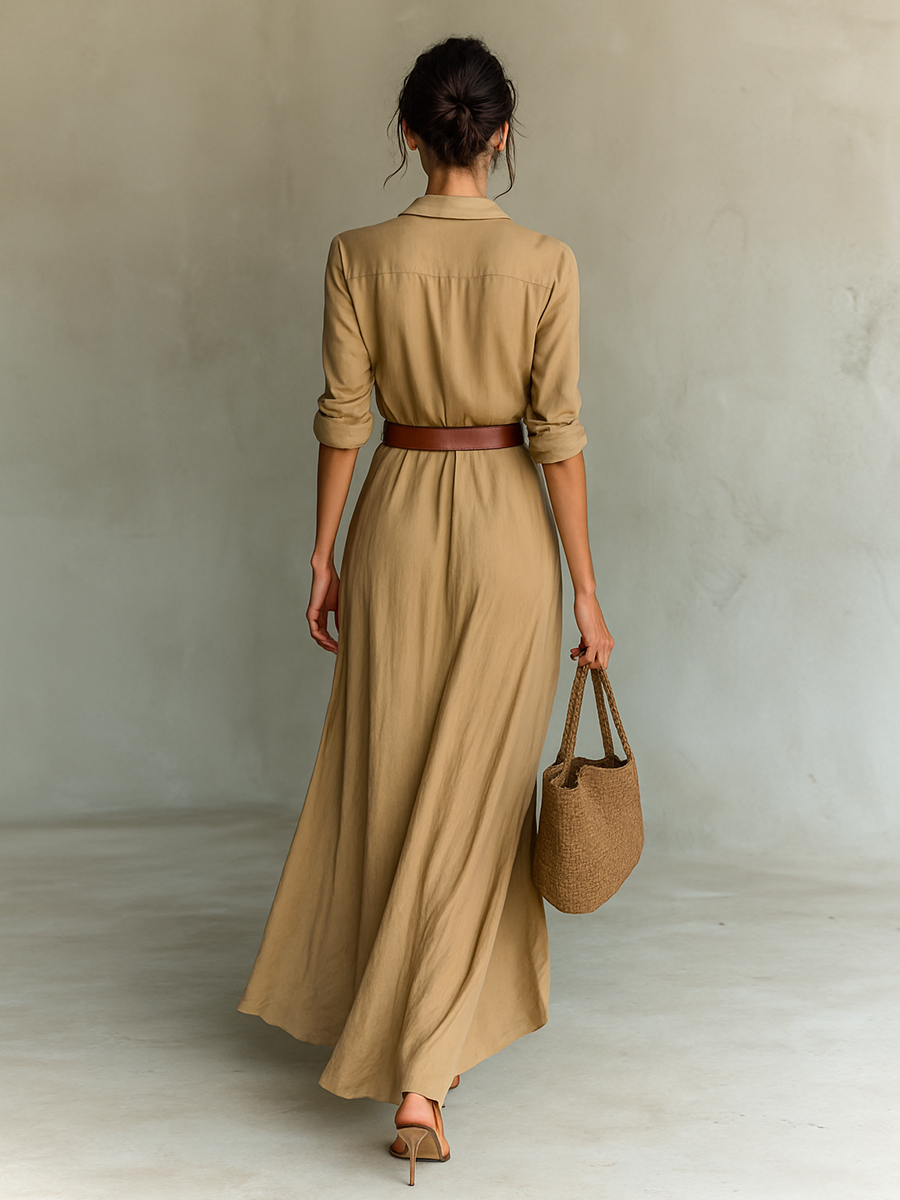 Damen Maxikleid Mit Gürtel Und Fließendem Schnitt