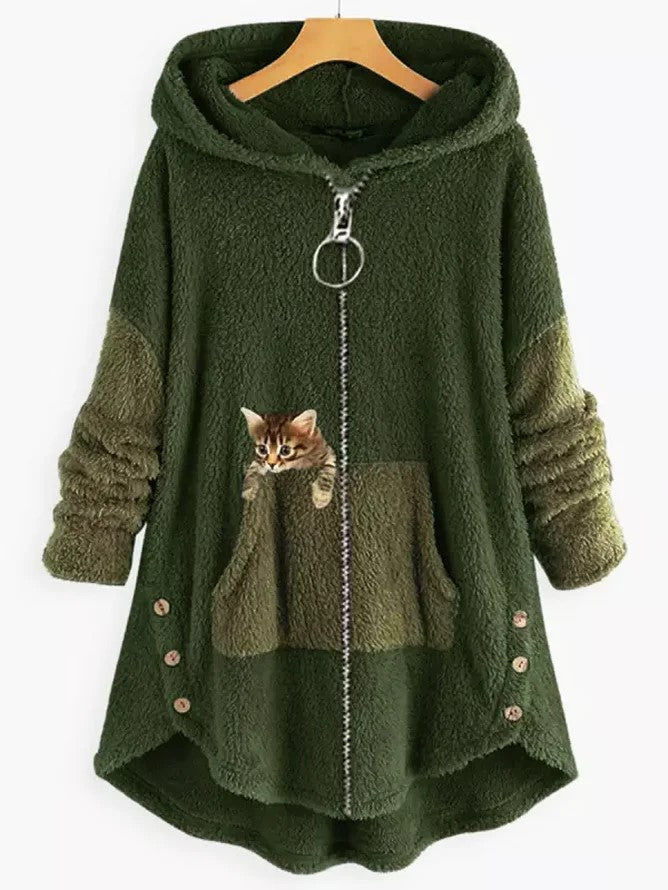Damen Kapuzenmantel Mit Katzenprint Und Knopftaschen