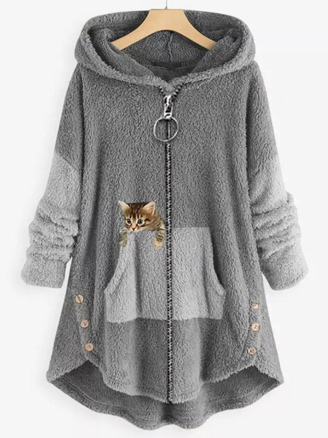 Damen Kapuzenmantel Mit Katzenprint Und Knopftaschen