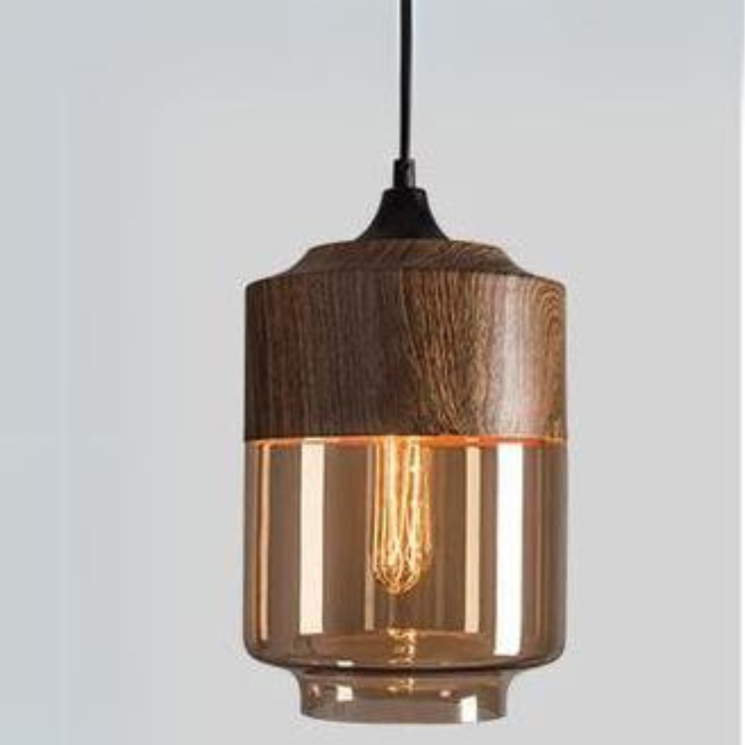 Skandinavische Holz-Deckenlampe mit getöntem Glas