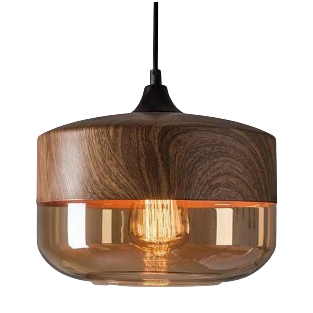 Skandinavische Holz-Deckenlampe mit getöntem Glas