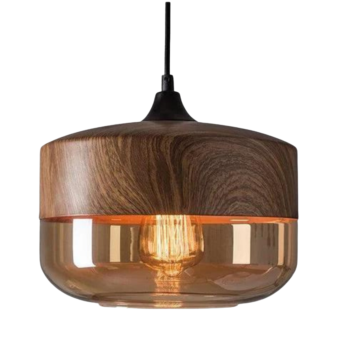 Skandinavische Holz-Deckenlampe mit getöntem Glas