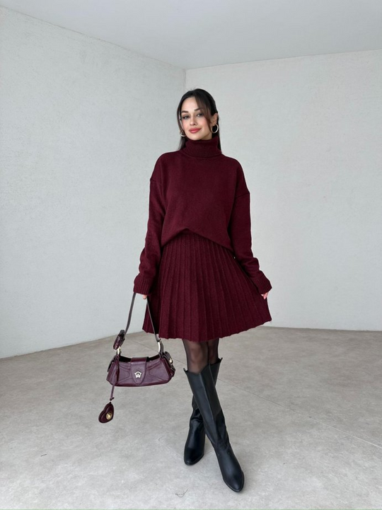 Damen Strick Set Mit Rollkragenpullover Und Plissiertem Rock