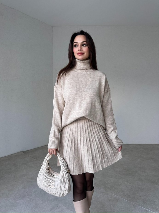 Damen Strick Set Mit Rollkragenpullover Und Plissiertem Rock