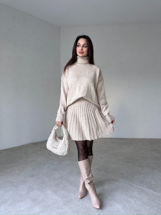 Damen Strick Set Mit Rollkragenpullover Und Plissiertem Rock