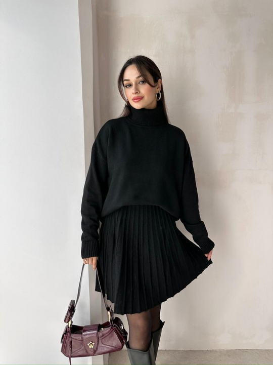 Damen Strick Set Mit Rollkragenpullover Und Plissiertem Rock