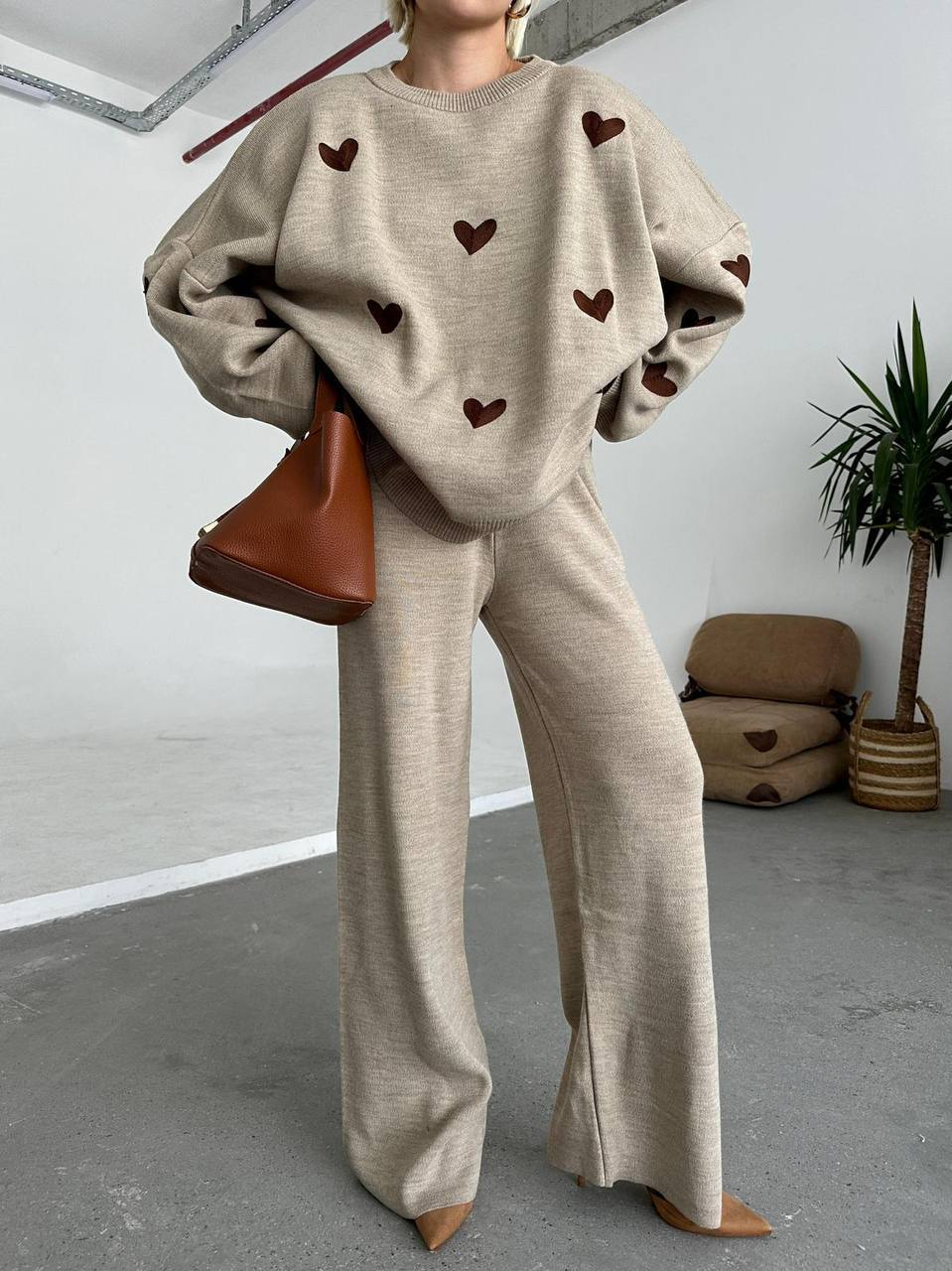 Damen Strick Set Mit Herzmuster Im Lässigen Stil