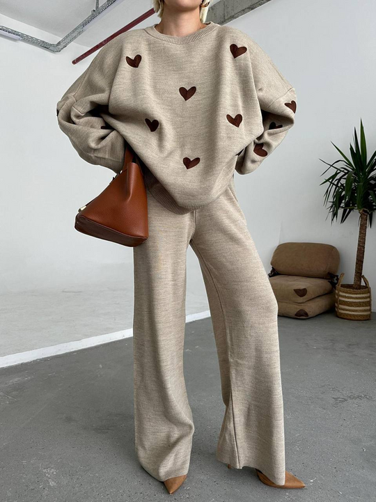 Damen Strick Set Mit Herzmuster Im Lässigen Stil