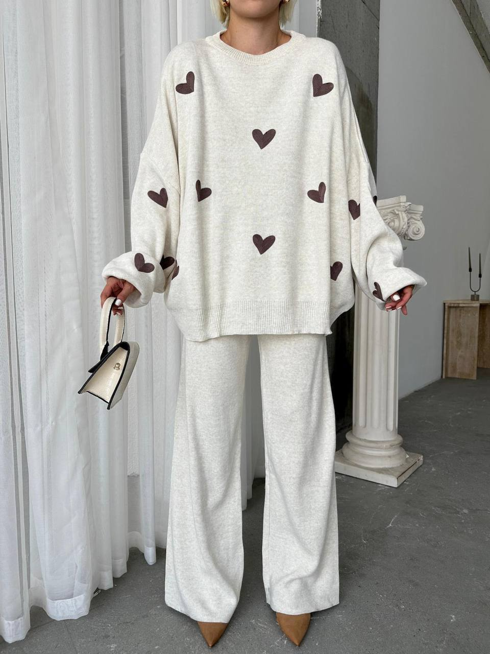 Damen Strick Set Mit Herzmuster Im Lässigen Stil
