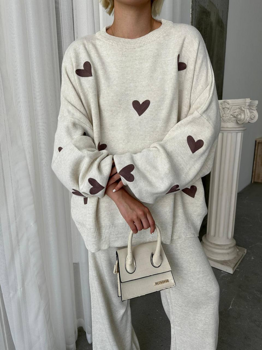 Damen Strick Set Mit Herzmuster Im Lässigen Stil