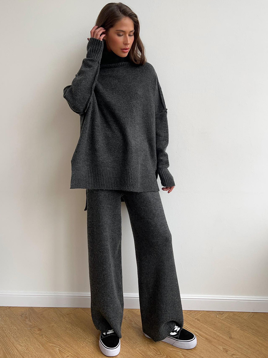 Damen Strick Set Mit Rollkragen Und Weiter Hose