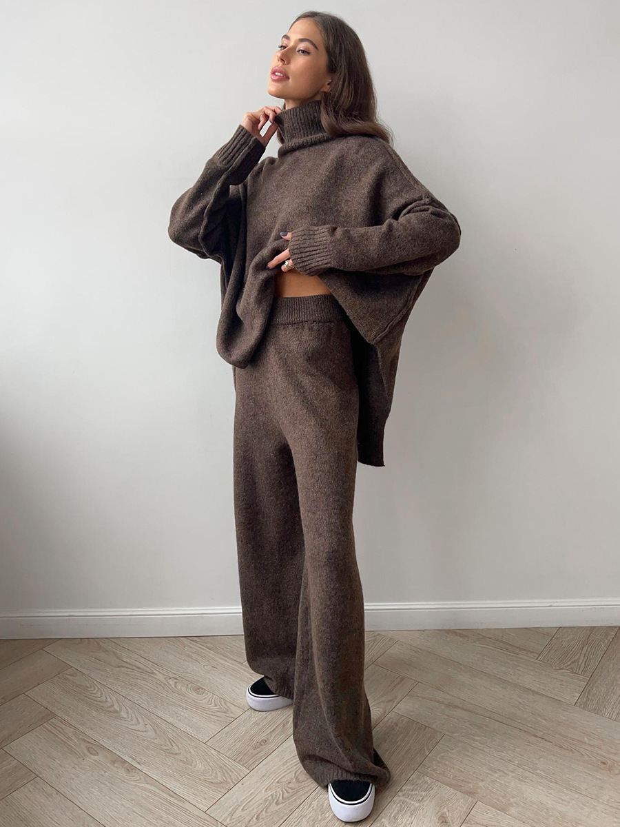 Damen Strick Set Mit Rollkragen Und Weiter Hose