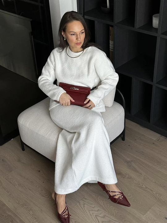 Damen Strick Set Mit Pullover Und Langem Rock