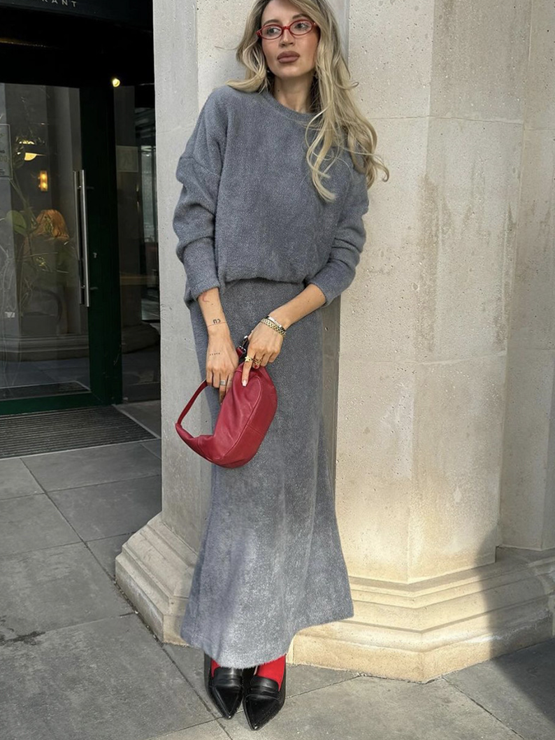 Damen Strick Set Mit Pullover Und Langem Rock