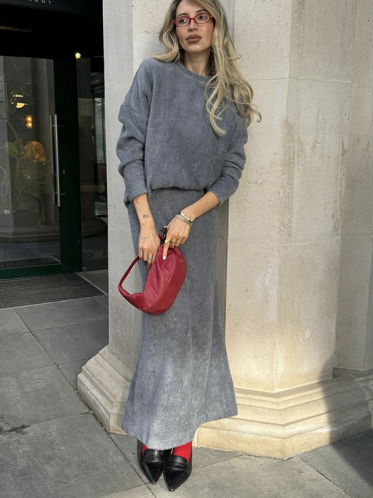 Damen Strick Set Mit Pullover Und Langem Rock