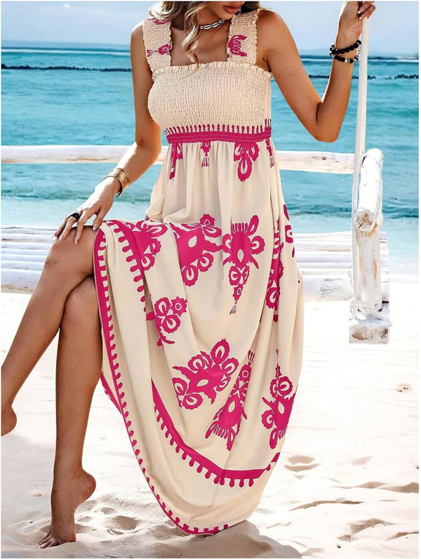 Maxikleid mit geometrischem Muster und Smok-Details