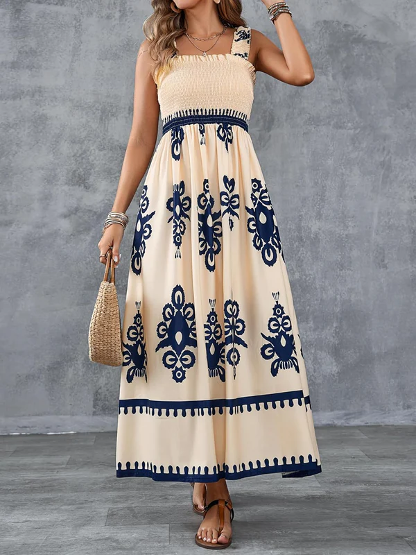 Maxikleid mit geometrischem Muster und Smok-Details