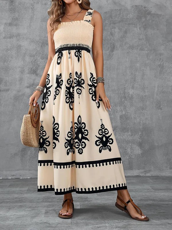 Maxikleid mit geometrischem Muster und Smok-Details