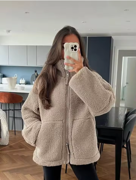 Damen Teddyjacke Mit Reißverschluss Für Winter Und Herbst
