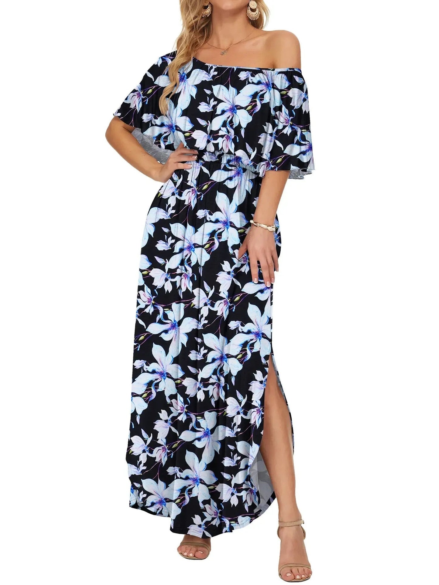 Damen Blumenmuster Schulterfreies Sommer Maxikleid