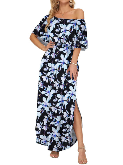 Damen Blumenmuster Schulterfreies Sommer Maxikleid