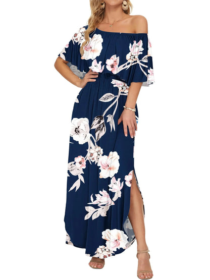 Damen Blumenmuster Schulterfreies Sommer Maxikleid