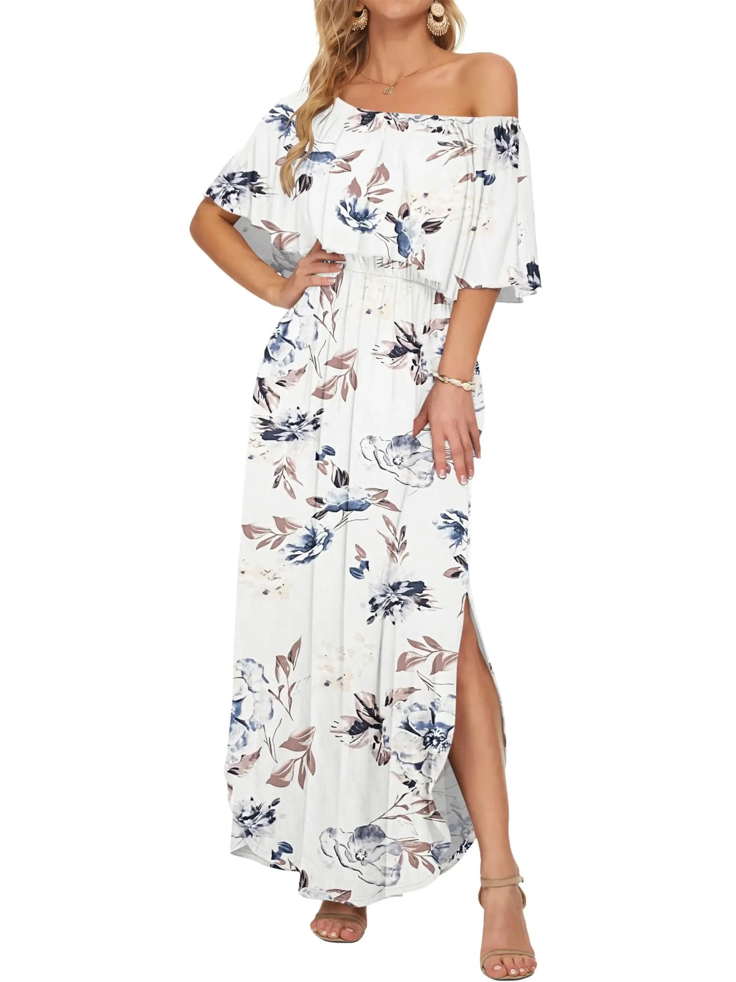 Damen Blumenmuster Schulterfreies Sommer Maxikleid