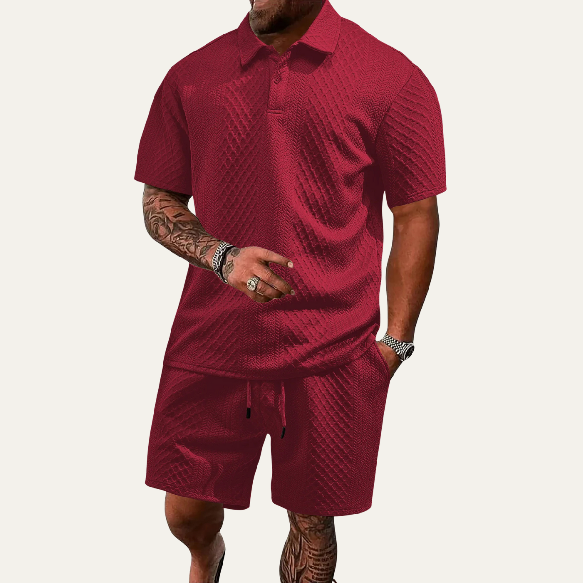 Rückansicht vom Herren Sommer-Set mit Jacquard Polo und Shorts