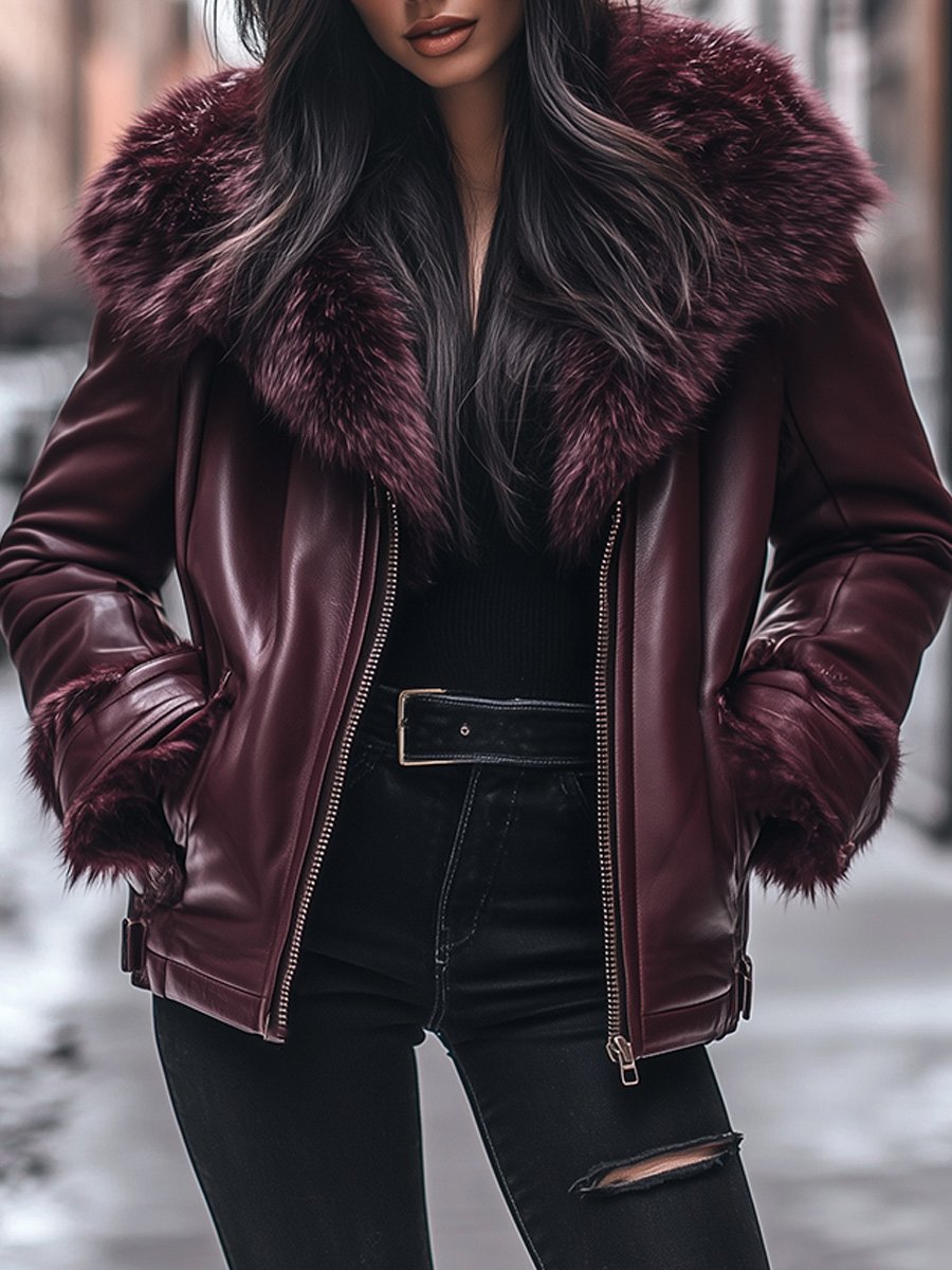 Damen Lederjacke Mit Kunstpelzkragen Und Reißverschluss Im Vintage-Stil