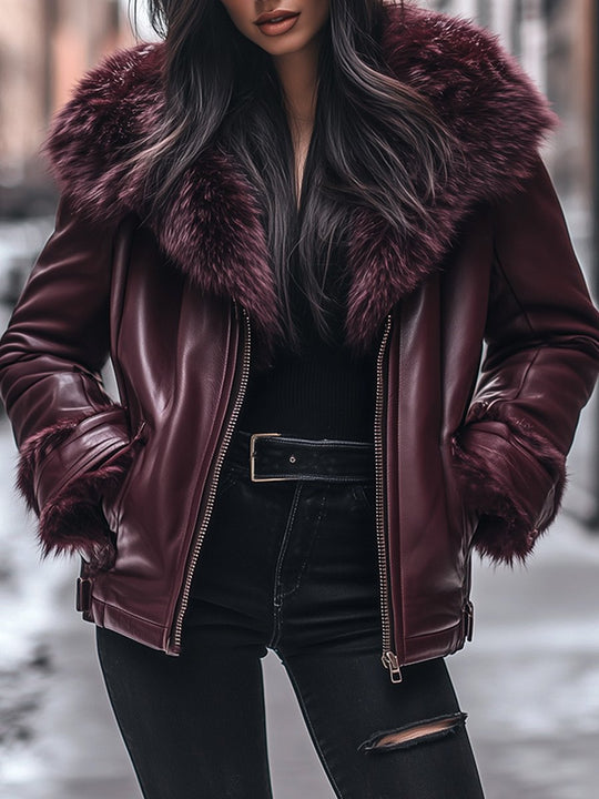 Damen Lederjacke Mit Kunstpelzkragen Und Reißverschluss Im Vintage-Stil