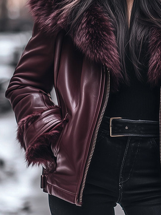Damen Lederjacke Mit Kunstpelzkragen Und Reißverschluss Im Vintage-Stil