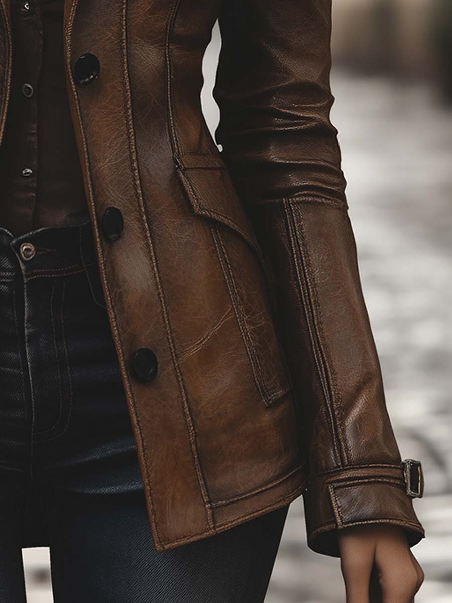 Damen Kunstlederjacke Mit Reverskragen Und Taschen Im Vintage-Stil
