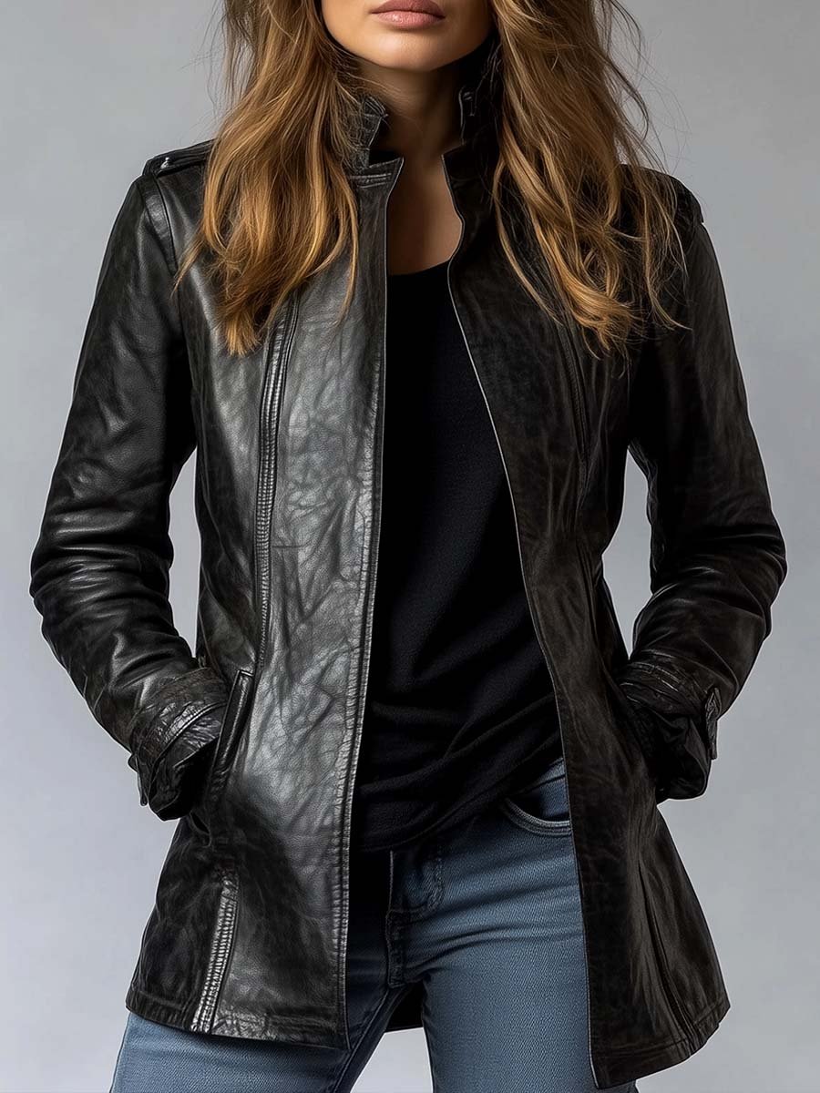 Damen Kunstlederjacke Mit Stehkragen Und Vintage-Design