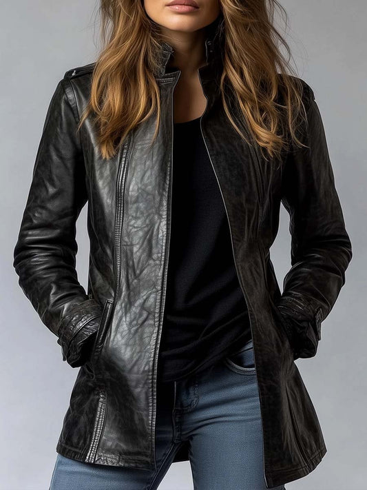 Damen Kunstlederjacke Mit Stehkragen Und Vintage-Design